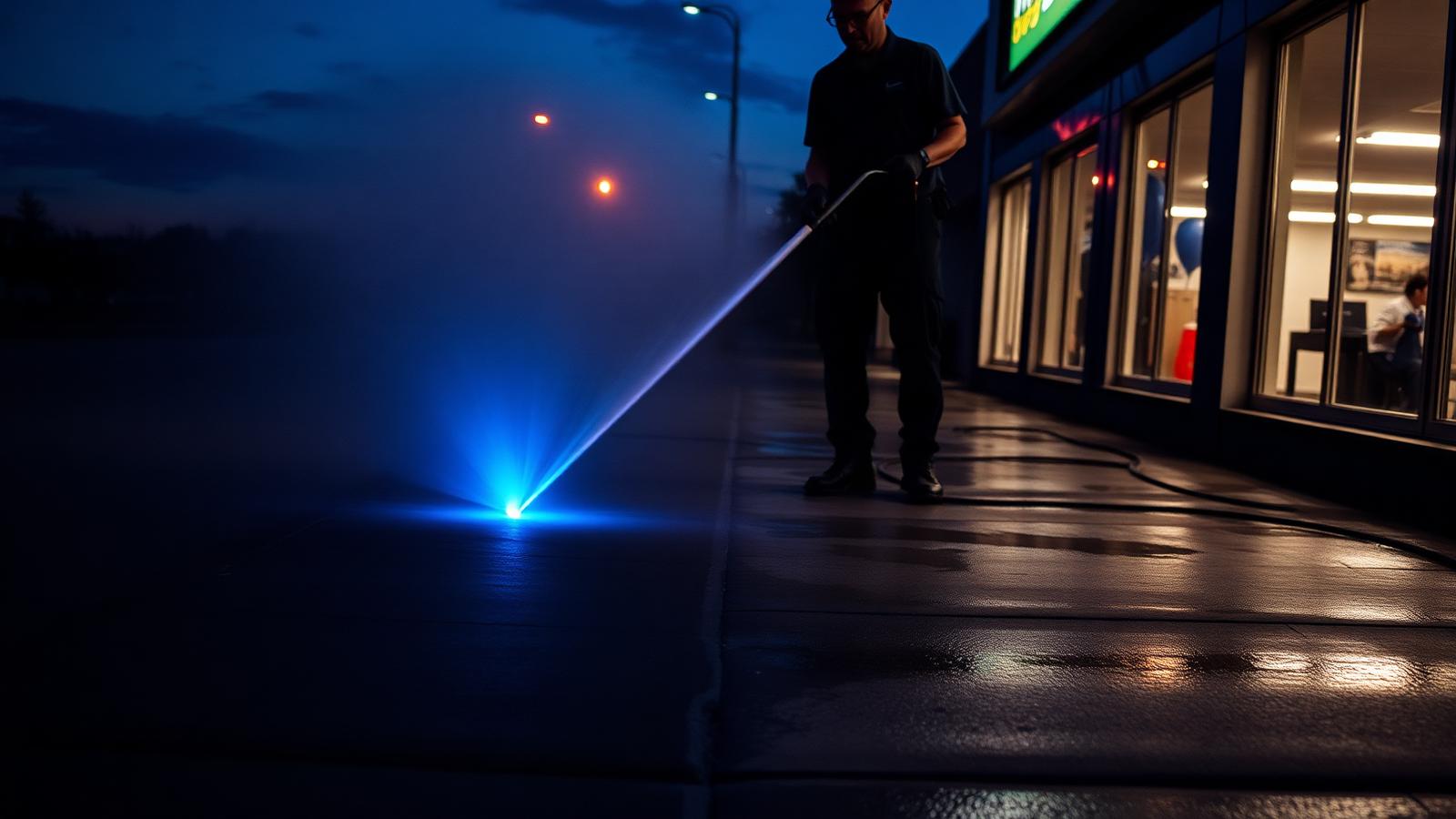 Pressure washing a commercial sidewalk in Tupelo MS with a high pressure water jet